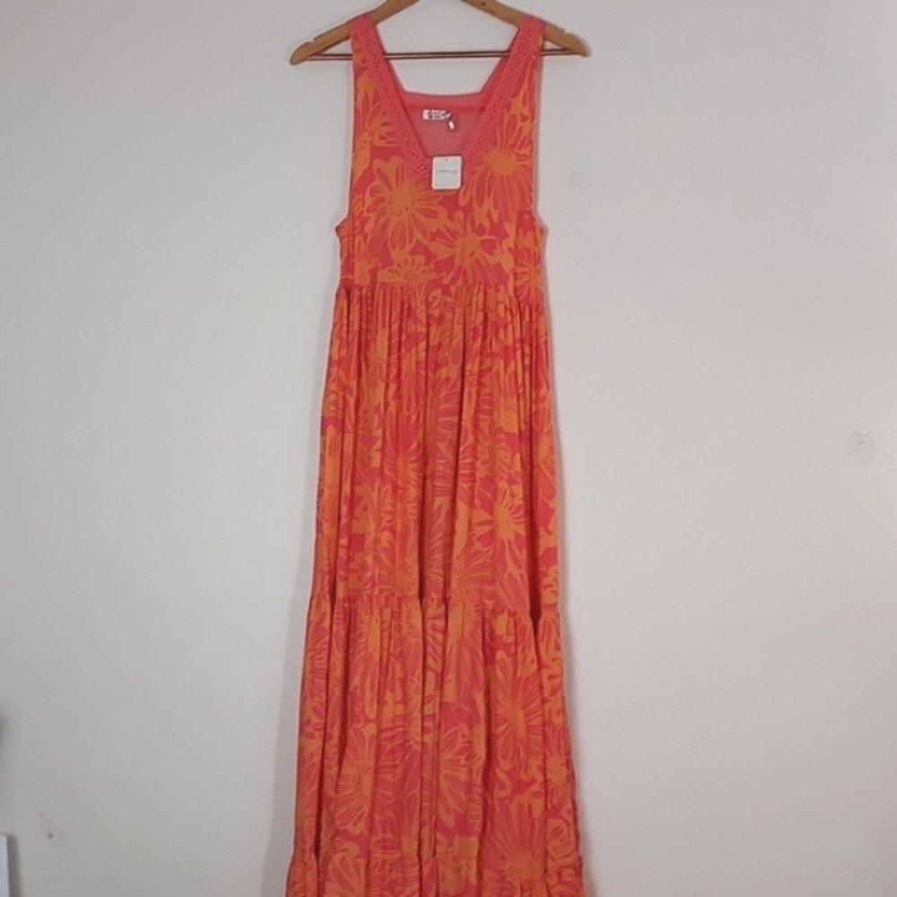 NEW FREE PEOPLE Tiers For You Maxi Dress Floral Crochet Boho Pink Orange Size XS